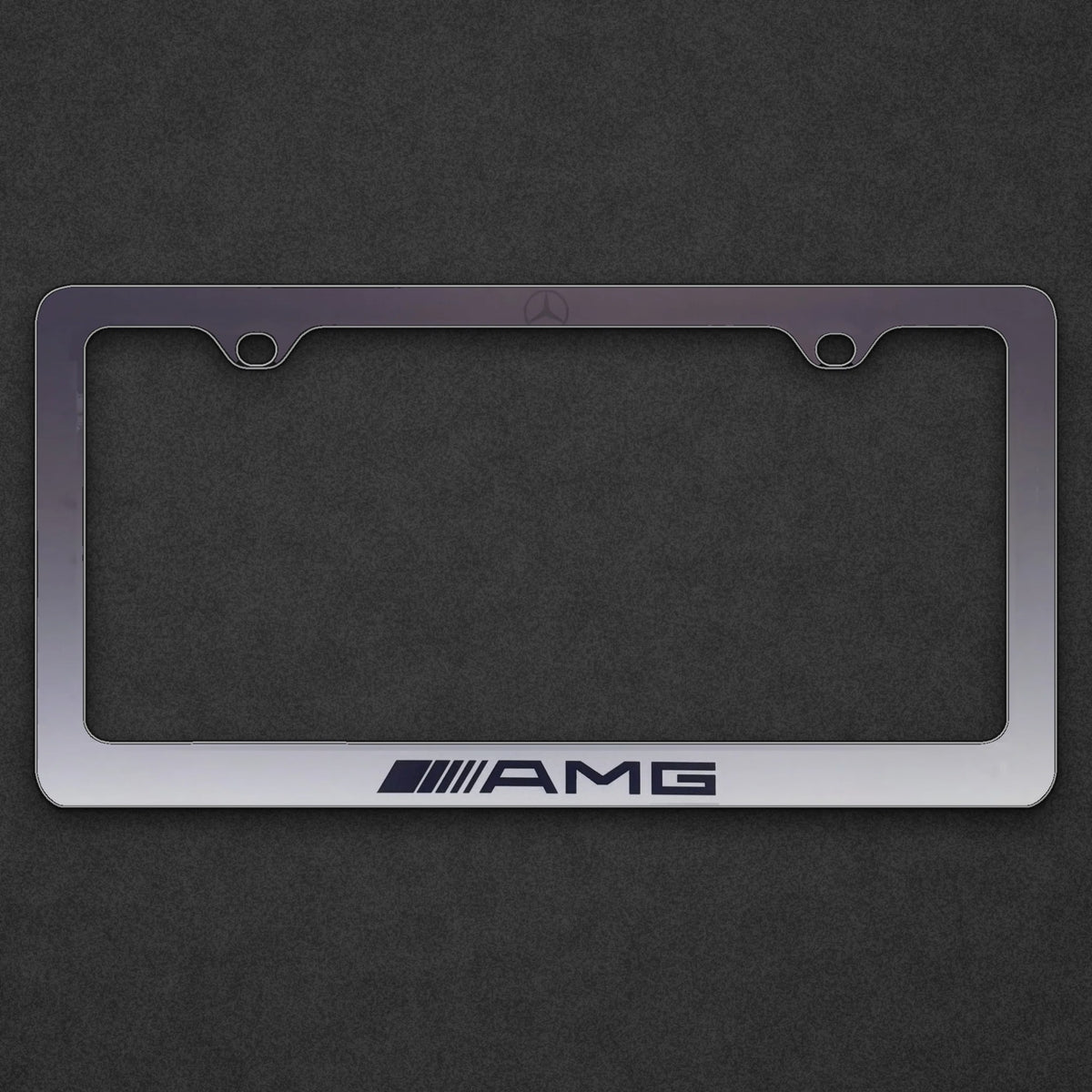 AMG gradient license plate frame on a charcoal background