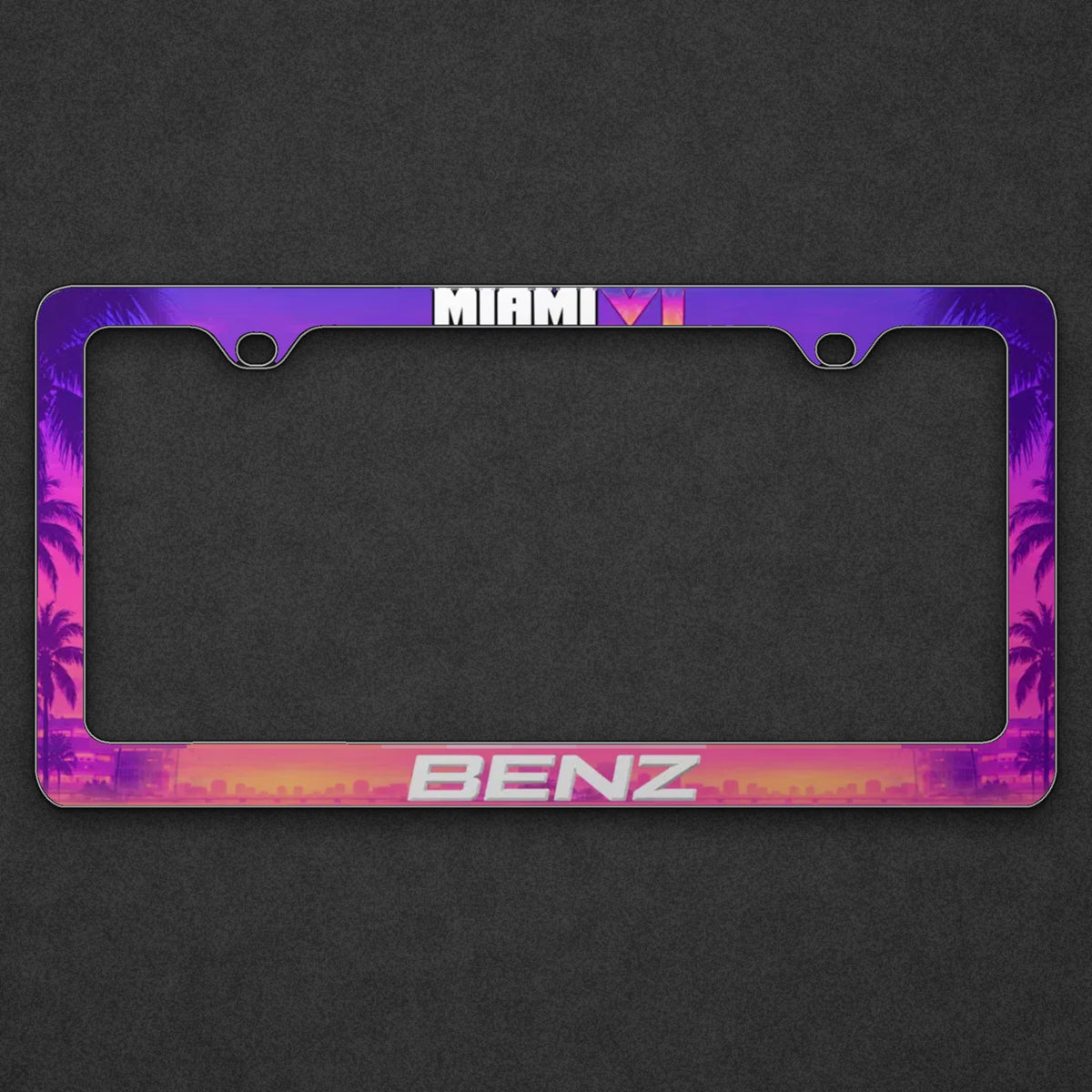 Purple and pink Miami VI Benz license plate frame on a charcoal background