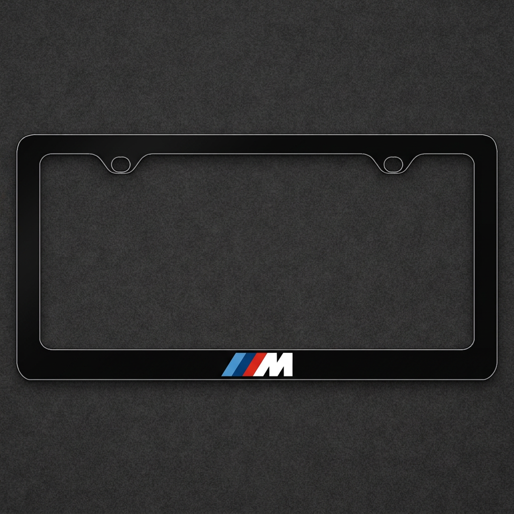 Black M Sport plate frame with blue and red stripes on a charcoal textured background