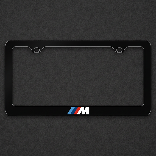 Black M Sport plate frame with blue and red stripes on a charcoal textured background