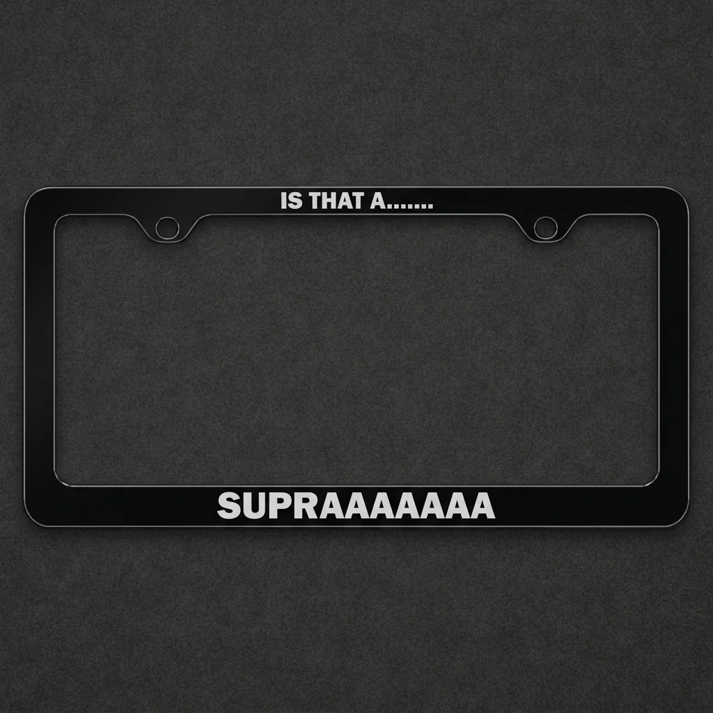 Black Supra license plate frame with white lettering on a charcoal textured background