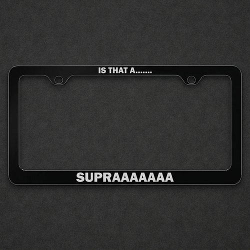 Black Supra license plate frame with white lettering on a charcoal textured background