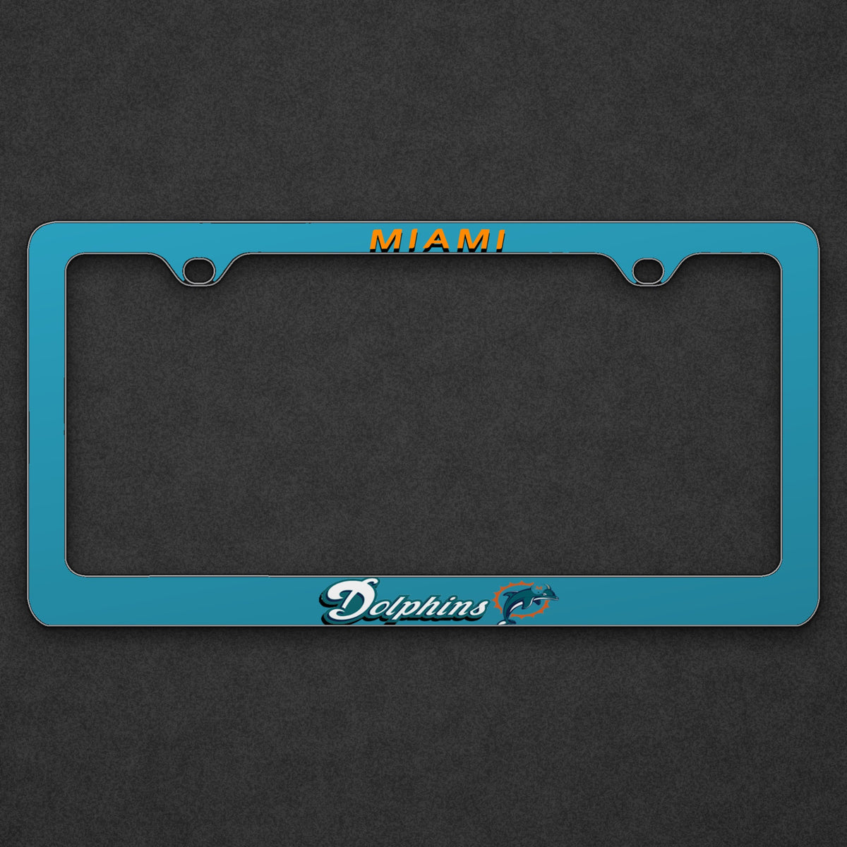 Teal Miami football license plate frame on a charcoal background