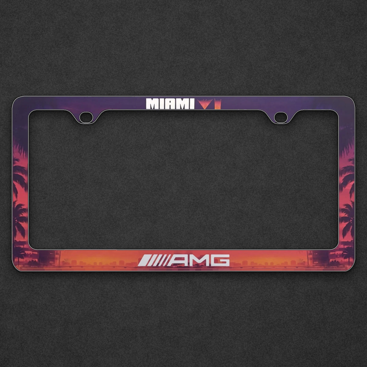 Miami VI AMG license plate frame on a charcoal background