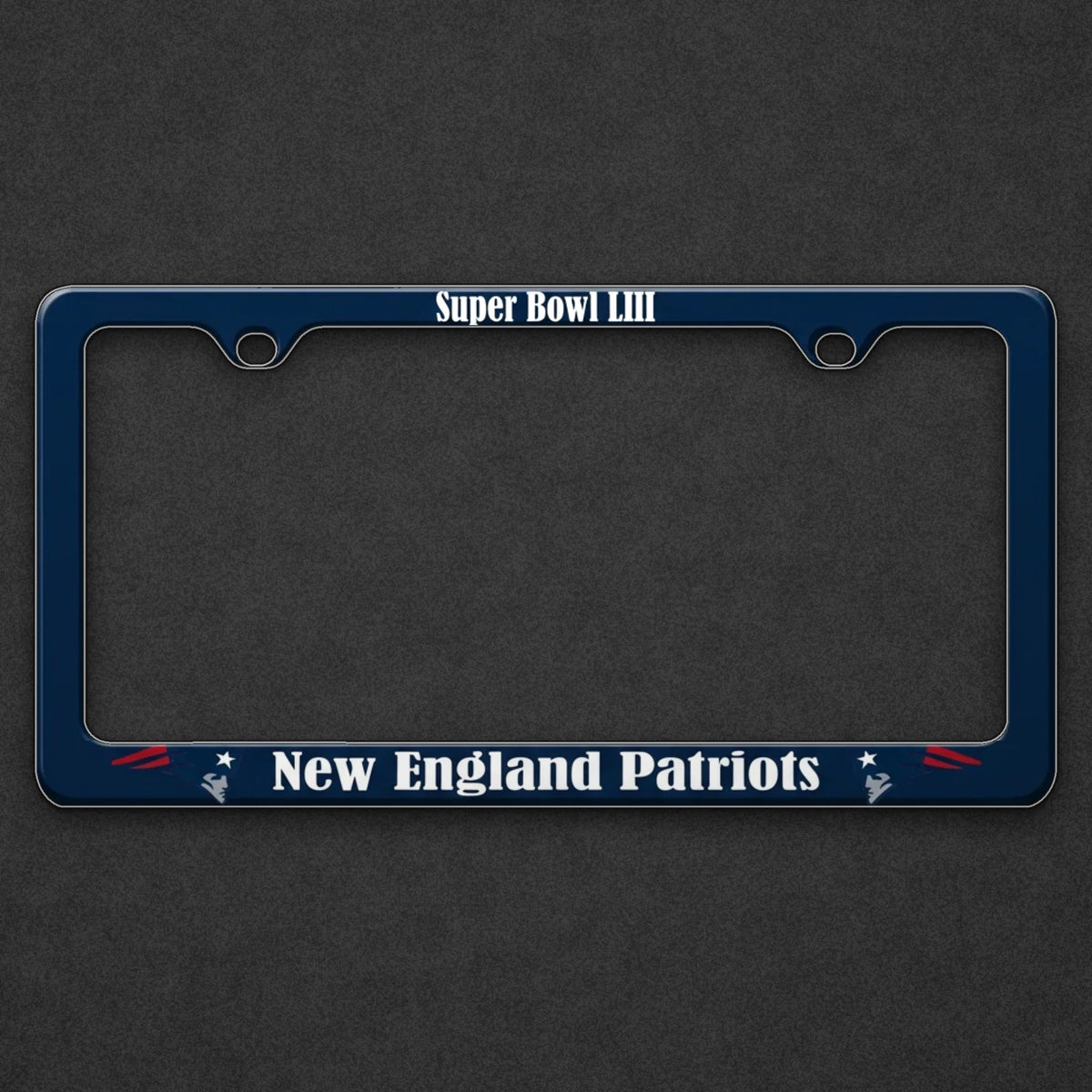 Navy New England Patriots license plate frame on a charcoal background