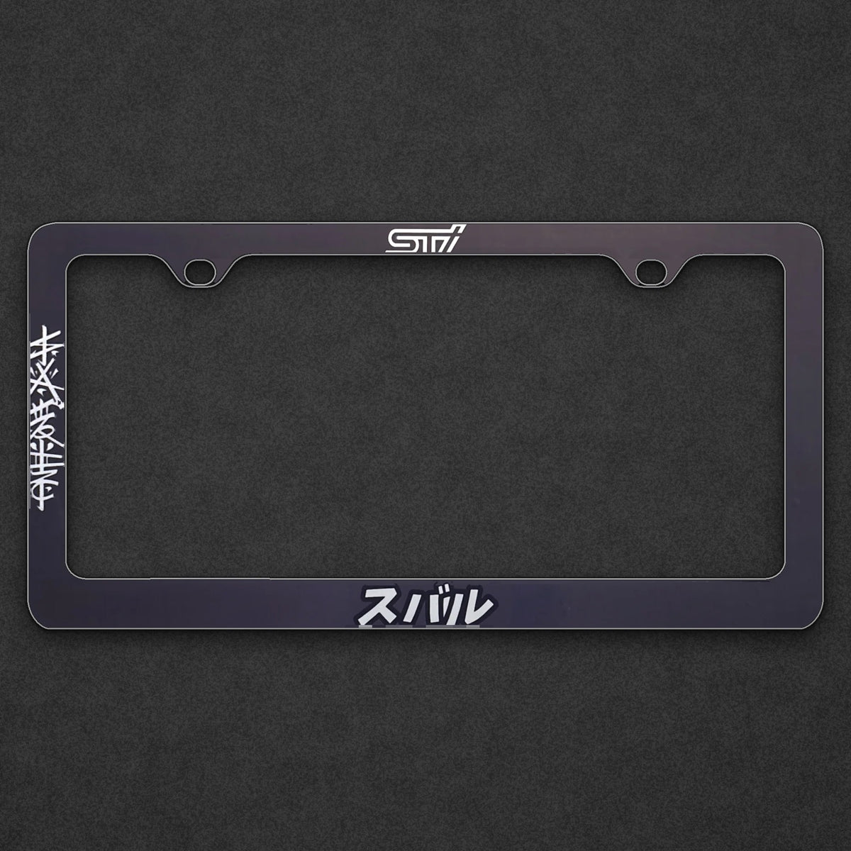STI Subaru license plate frame on a charcoal background