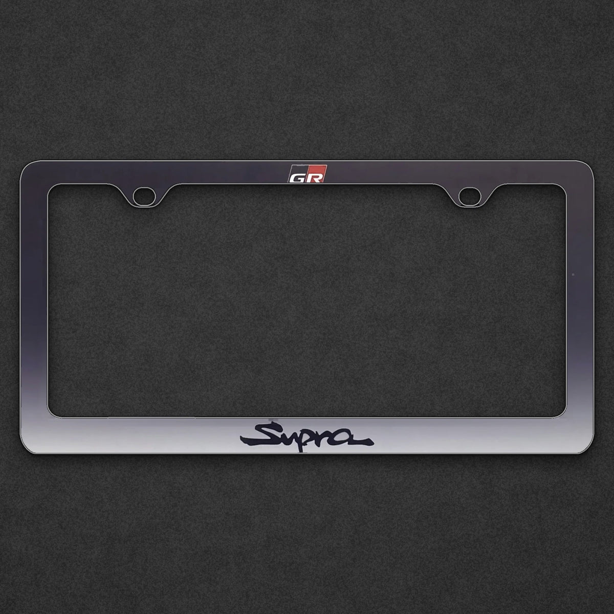 Supra GR license plate frame on a charcoal background